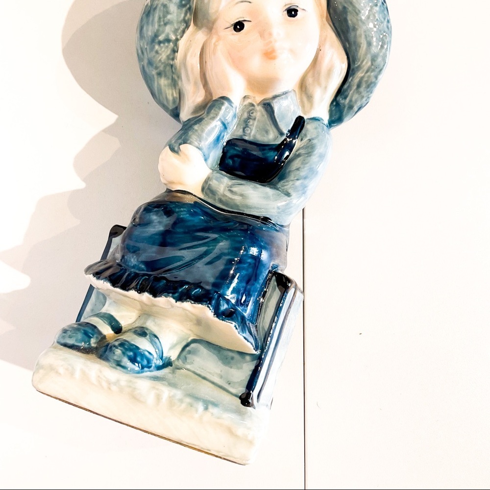 VINTAGE Japan “Dreaming Girl with Suitcase” Blue Ceramic Figurine 1960s–70s